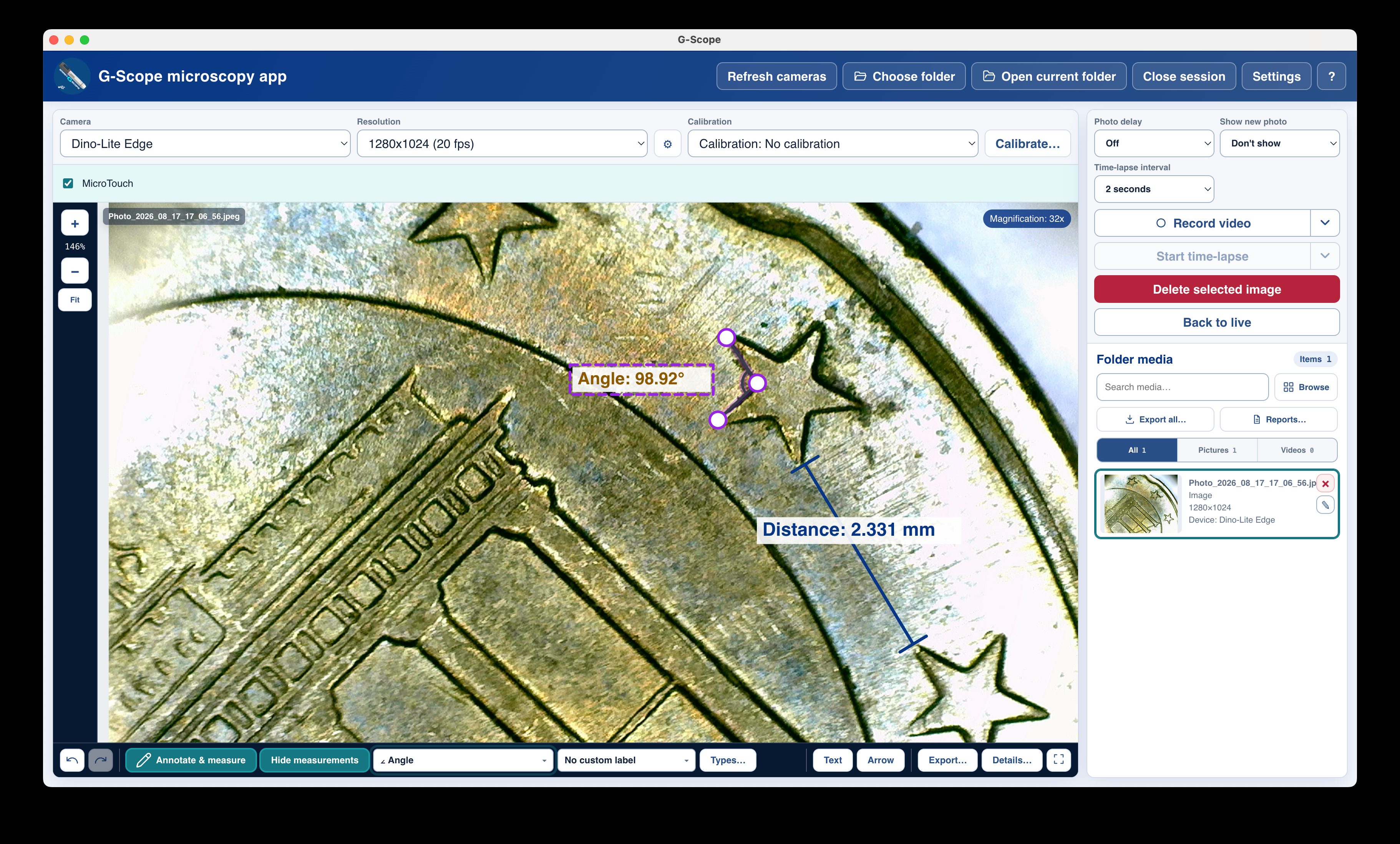 Dino-Lite live view with device controls in G-Scope Desktop